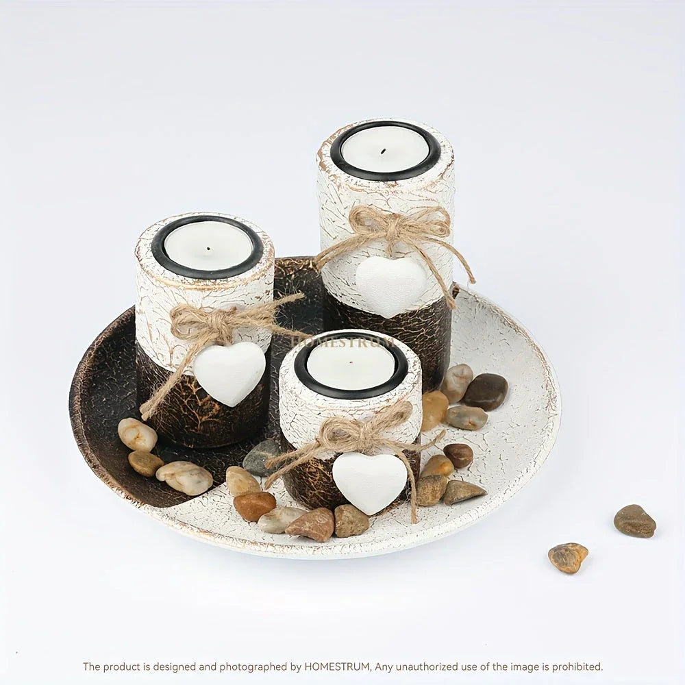 4pcs/ set Wooden Candle Holder Set, Tea Light Candle Holder Set, Hemp Knot Decoration and Decorative Stones, Round Plate Decorative Bowl, Perfect Home Decoration, Summer Gift, Independence Day Gift House Of Avana