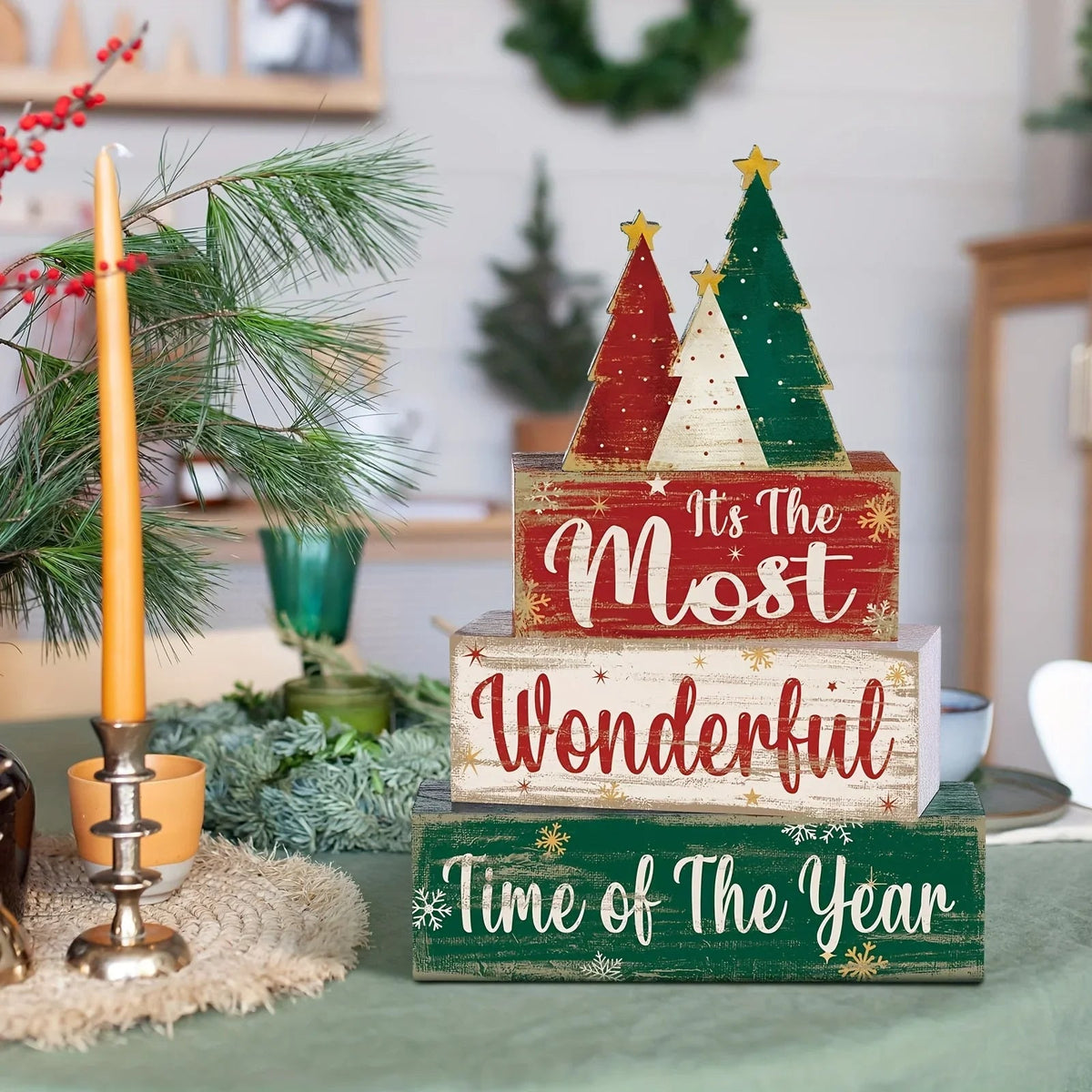 4pcs Christmas Table Centerpiece Christmas Tree, "Happy New Year" In English, Christmas Tiered Tray Decoration Set, Wooden Signs, Rustic Cute Tabletop Decor, Holiday Home Accessories, Suitable For Dining Tables, Fireplaces, C House Of Avana [[SKU:HOA-XMS-009]]