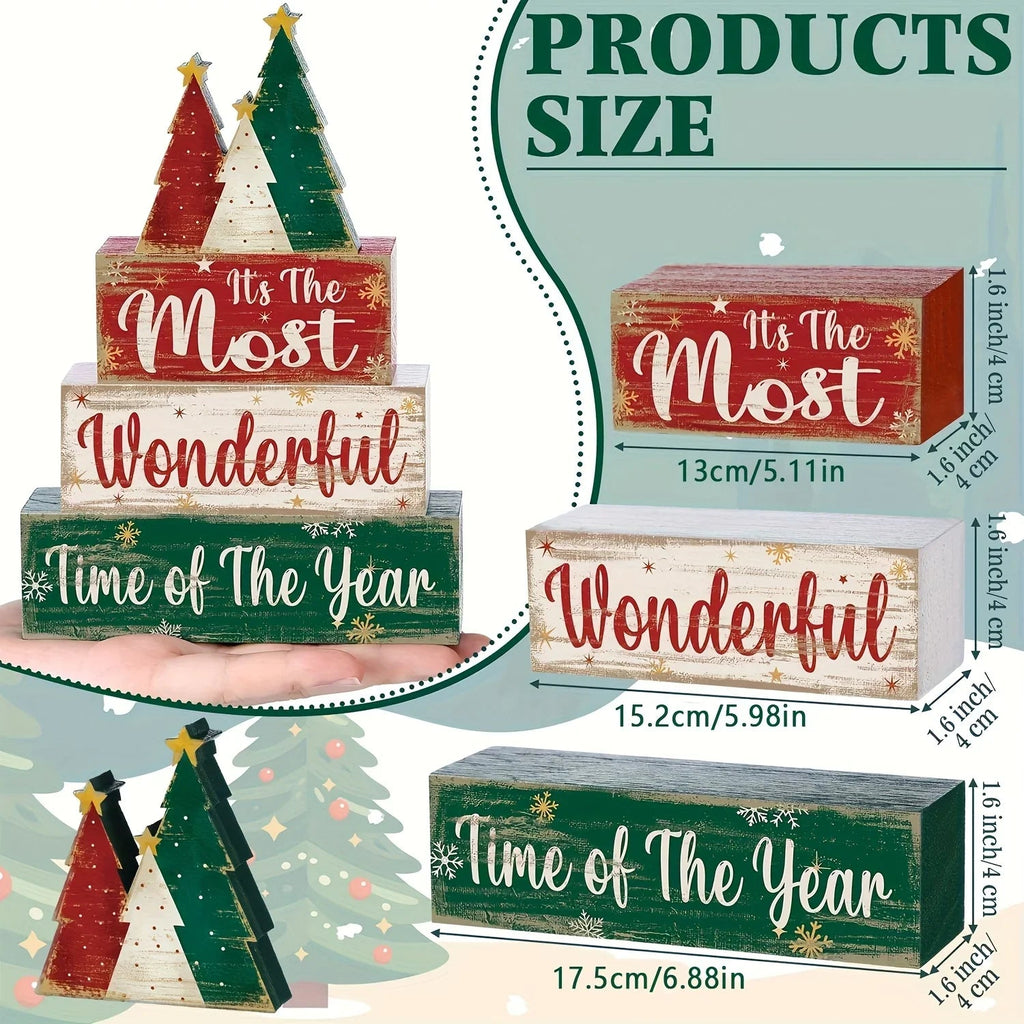 4pcs Christmas Table Centerpiece Christmas Tree, "Happy New Year" In English, Christmas Tiered Tray Decoration Set, Wooden Signs, Rustic Cute Tabletop Decor, Holiday Home Accessories, Suitable For Dining Tables, Fireplaces, C House Of Avana [[SKU:HOA-XMS-009]]