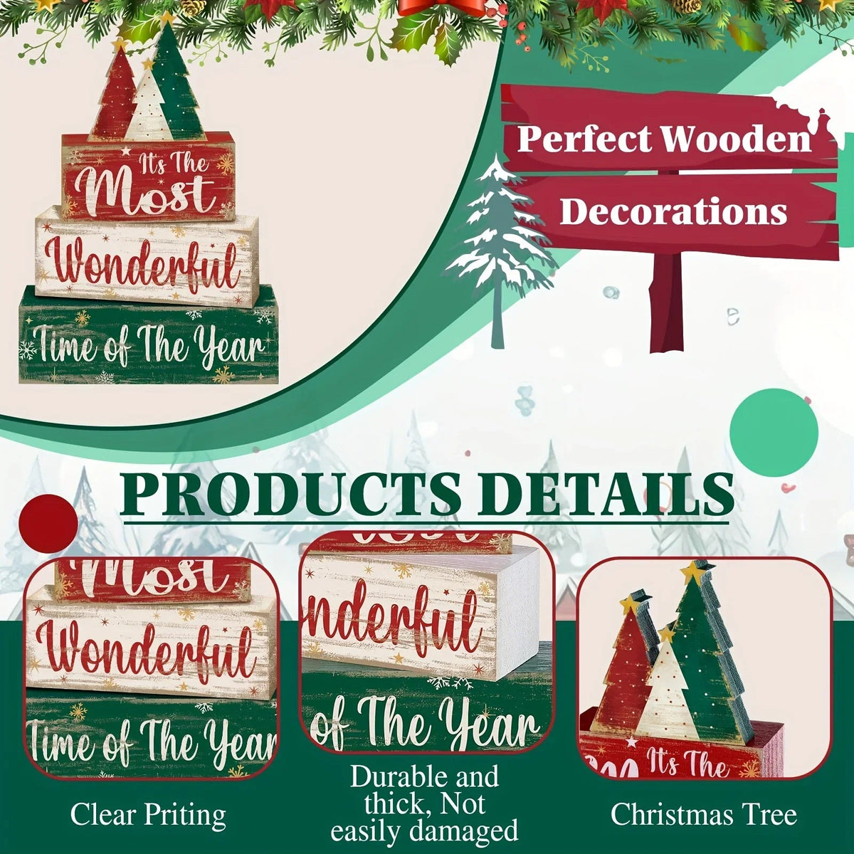 4pcs Christmas Table Centerpiece Christmas Tree, "Happy New Year" In English, Christmas Tiered Tray Decoration Set, Wooden Signs, Rustic Cute Tabletop Decor, Holiday Home Accessories, Suitable For Dining Tables, Fireplaces, C House Of Avana [[SKU:HOA-XMS-009]]