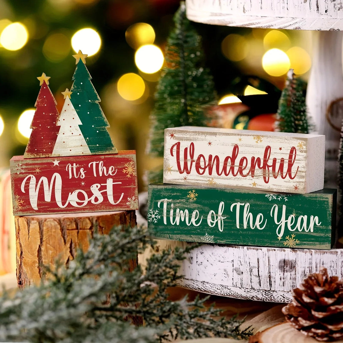4pcs Christmas Table Centerpiece Christmas Tree, "Happy New Year" In English, Christmas Tiered Tray Decoration Set, Wooden Signs, Rustic Cute Tabletop Decor, Holiday Home Accessories, Suitable For Dining Tables, Fireplaces, C House Of Avana [[SKU:HOA-XMS-009]]