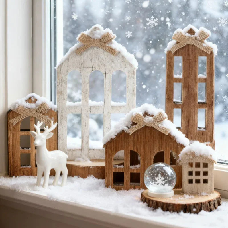 6pcs Artificial Wood Christmas Village House Centerpieces with Bow Tiered Trays - Multi-Tiered Layered Farmhouse Table Decor, Snowy Winter Scene with Arched Doors & Pointed Roofs, Sturdy Base for Indoor/Outdoor Holiday Tablet House Of Avana [[SKU:HOA-XMS-058]]