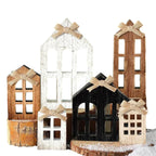 6pcs Artificial Wood Christmas Village House Centerpieces with Bow Tiered Trays - Multi-Tiered Layered Farmhouse Table Decor, Snowy Winter Scene with Arched Doors & Pointed Roofs, Sturdy Base for Indoor/Outdoor Holiday Tablet House Of Avana [[SKU:HOA-XMS-058]]