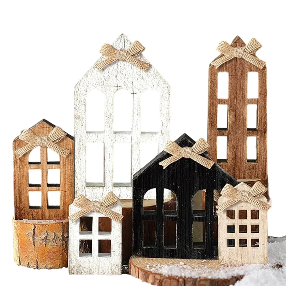 6pcs Artificial Wood Christmas Village House Centerpieces with Bow Tiered Trays - Multi-Tiered Layered Farmhouse Table Decor, Snowy Winter Scene with Arched Doors & Pointed Roofs, Sturdy Base for Indoor/Outdoor Holiday Tablet House Of Avana [[SKU:HOA-XMS-058]]