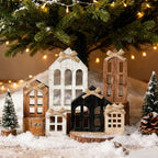 6pcs Artificial Wood Christmas Village House Centerpieces with Bow Tiered Trays - Multi-Tiered Layered Farmhouse Table Decor, Snowy Winter Scene with Arched Doors & Pointed Roofs, Sturdy Base for Indoor/Outdoor Holiday Tablet House Of Avana [[SKU:HOA-XMS-058]]