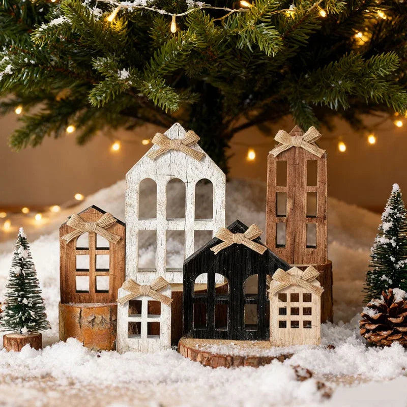 6pcs Artificial Wood Christmas Village House Centerpieces with Bow Tiered Trays - Multi-Tiered Layered Farmhouse Table Decor, Snowy Winter Scene with Arched Doors & Pointed Roofs, Sturdy Base for Indoor/Outdoor Holiday Tablet House Of Avana [[SKU:HOA-XMS-058]]