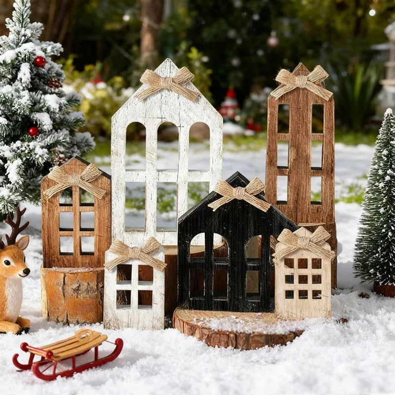 6pcs Artificial Wood Christmas Village House Centerpieces with Bow Tiered Trays - Multi-Tiered Layered Farmhouse Table Decor, Snowy Winter Scene with Arched Doors & Pointed Roofs, Sturdy Base for Indoor/Outdoor Holiday Tablet House Of Avana [[SKU:HOA-XMS-058]]