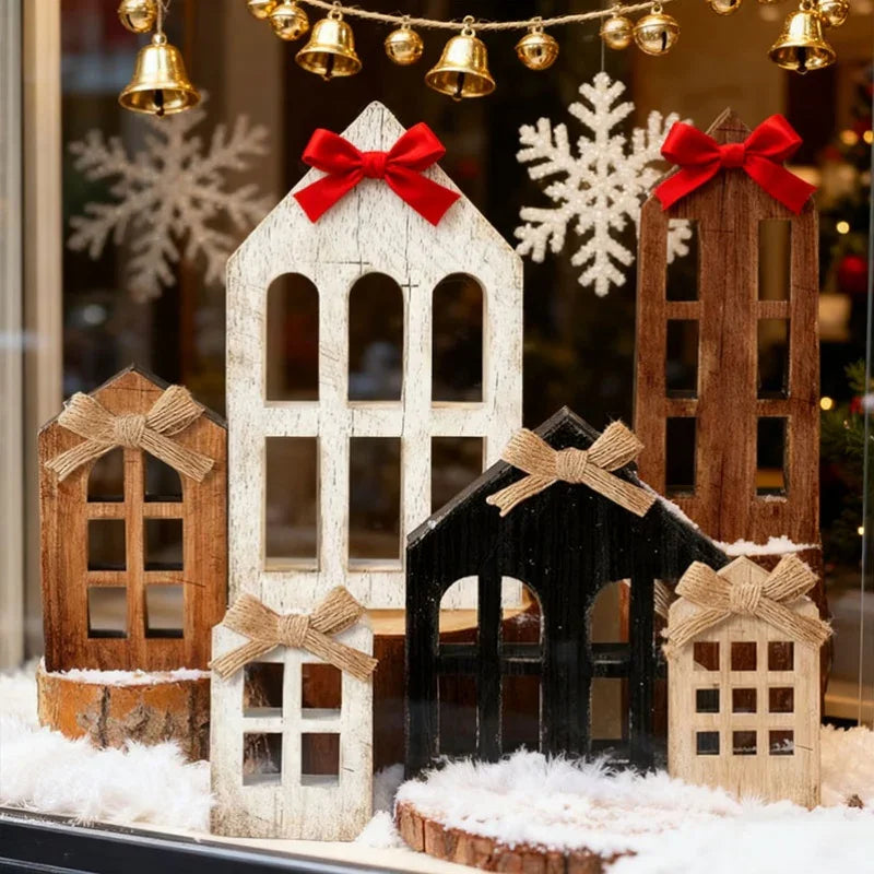 6pcs Artificial Wood Christmas Village House Centerpieces with Bow Tiered Trays - Multi-Tiered Layered Farmhouse Table Decor, Snowy Winter Scene with Arched Doors & Pointed Roofs, Sturdy Base for Indoor/Outdoor Holiday Tablet House Of Avana [[SKU:HOA-XMS-058]]