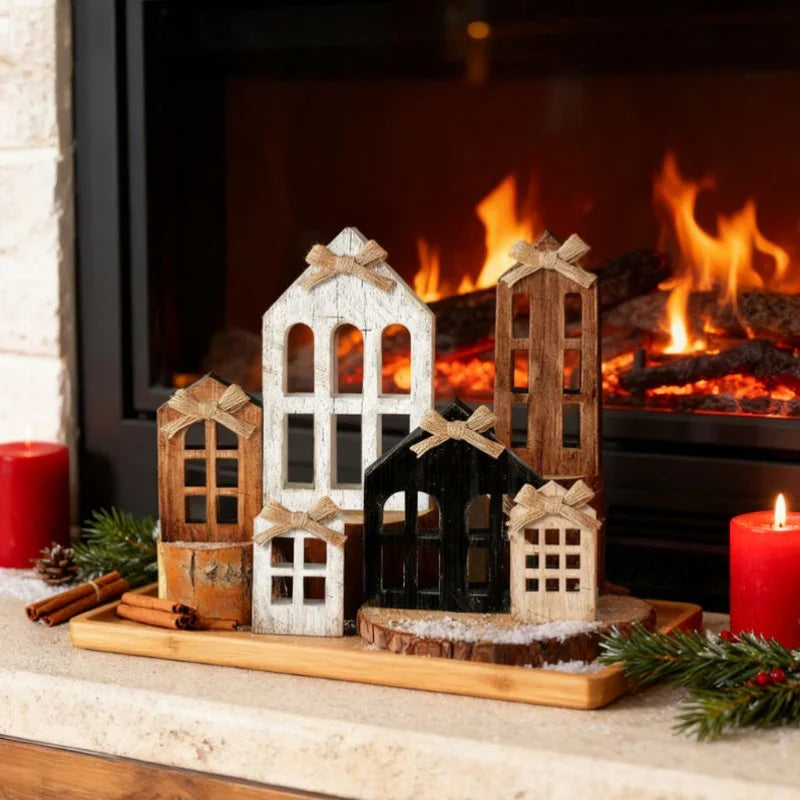 6pcs Artificial Wood Christmas Village House Centerpieces with Bow Tiered Trays - Multi-Tiered Layered Farmhouse Table Decor, Snowy Winter Scene with Arched Doors & Pointed Roofs, Sturdy Base for Indoor/Outdoor Holiday Tablet House Of Avana [[SKU:HOA-XMS-058]]