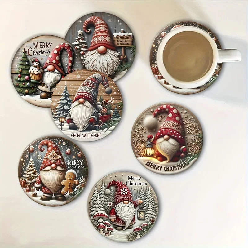 6pcs Christmas Gnome Wooden Coasters Set - Heat-Resistant, Decorative Drink Mats with Festive Designs for Home and Cafe Use House Of Avana [[SKU:HOA-TBL-017]]