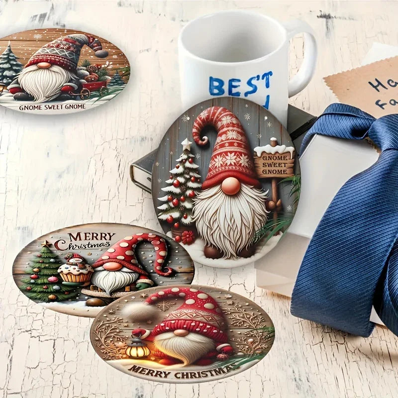 6pcs Christmas Gnome Wooden Coasters Set - Heat-Resistant, Decorative Drink Mats with Festive Designs for Home and Cafe Use House Of Avana