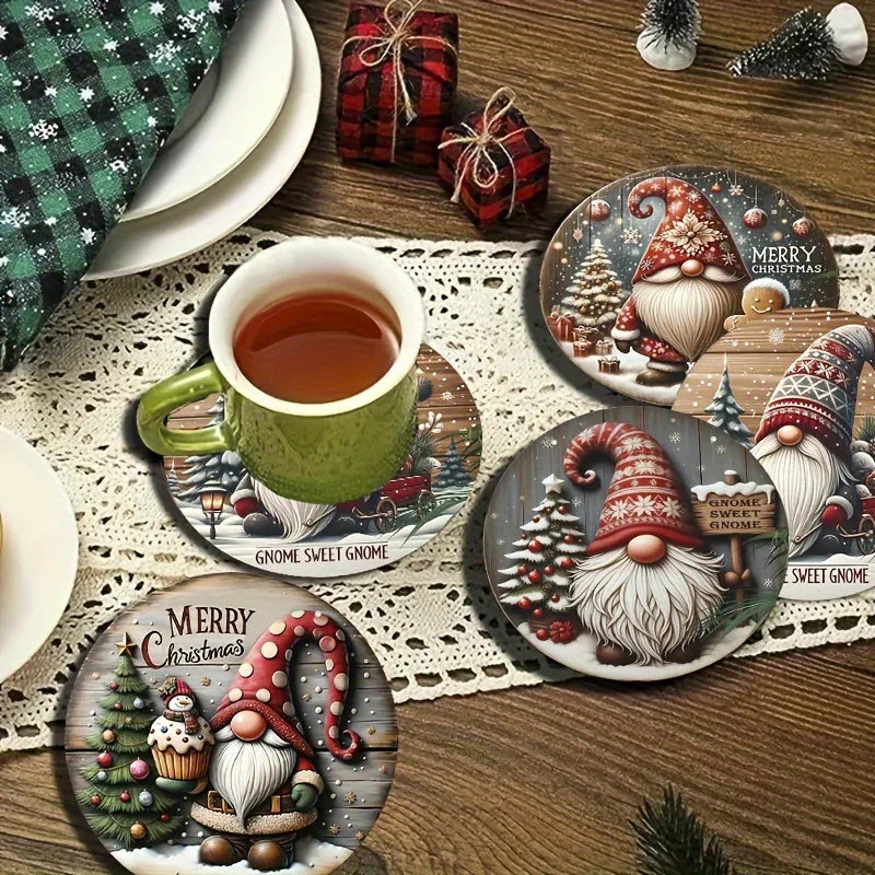 6pcs Christmas Gnome Wooden Coasters Set - Heat-Resistant, Decorative Drink Mats with Festive Designs for Home and Cafe Use House Of Avana