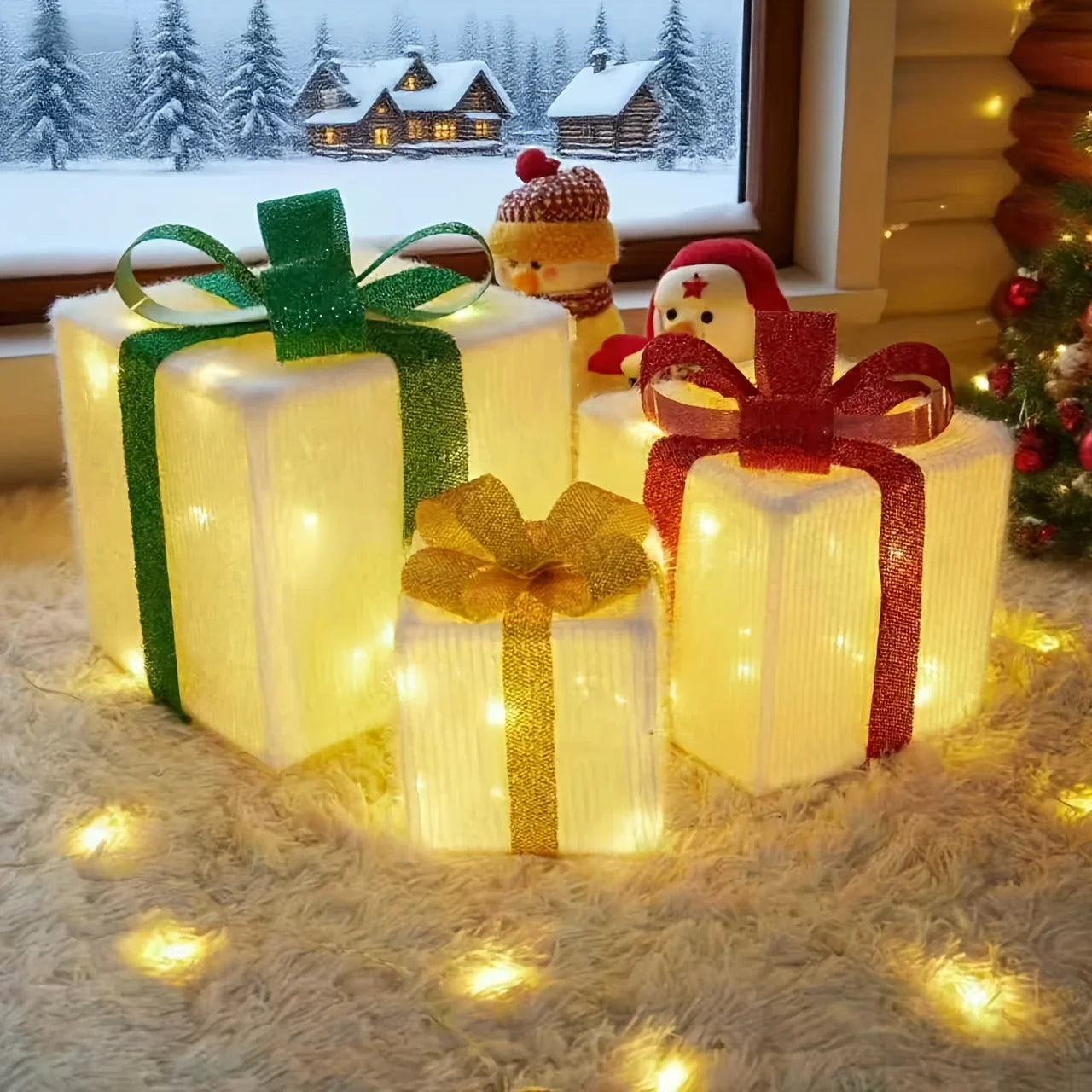 Decorative Wooden Set of Lighted Christmas Gift Boxes - House Of Avana