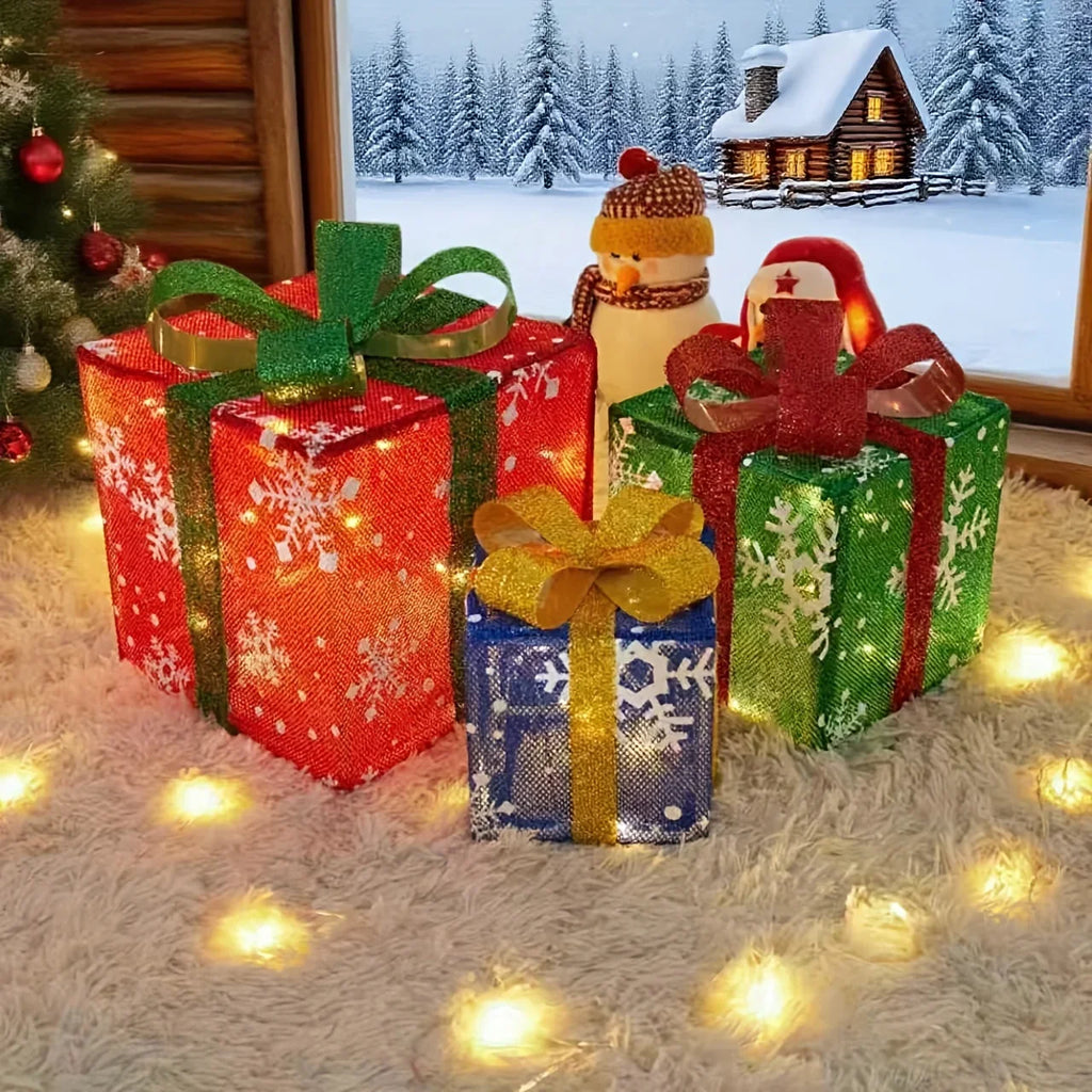 Decorative Wooden Set of Lighted Christmas Gift Boxes - House Of Avana