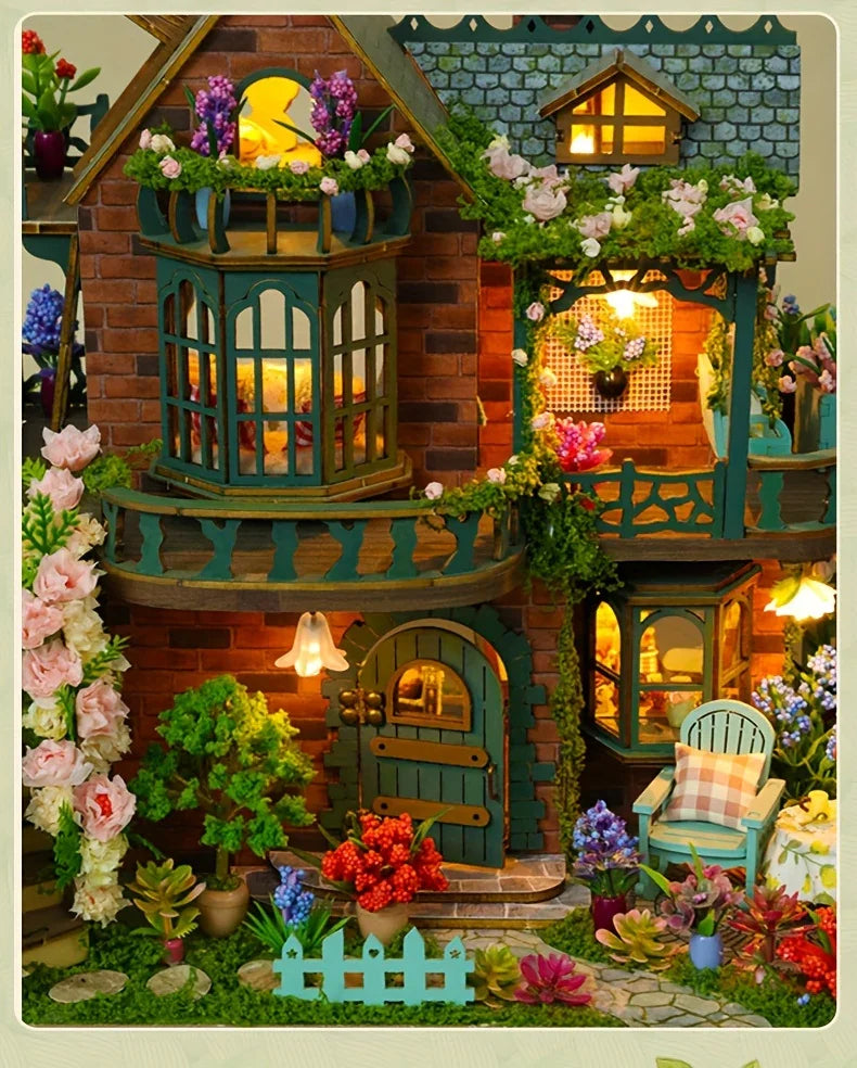 Forest Hut Handmade Wooden Dollhouse Toy Model Kit - Multi-Level Tiny House with Slanted Roof, Floral Balcony & Cozy Interior, Charming Miniature Home Decor for Christmas/Birthday Gifts (No Glue/Battery Included) - Safe & Dur House Of Avana [[SKU:HOA-XMS-037]]