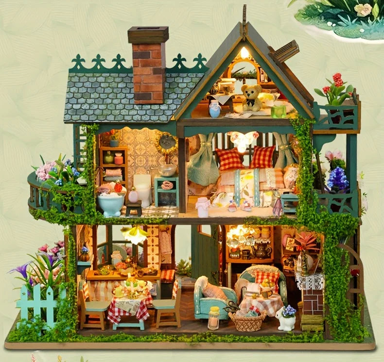 Forest Hut Handmade Wooden Dollhouse Toy Model Kit - Multi-Level Tiny House with Slanted Roof, Floral Balcony & Cozy Interior, Charming Miniature Home Decor for Christmas/Birthday Gifts (No Glue/Battery Included) - Safe & Dur House Of Avana [[SKU:HOA-XMS-037]]