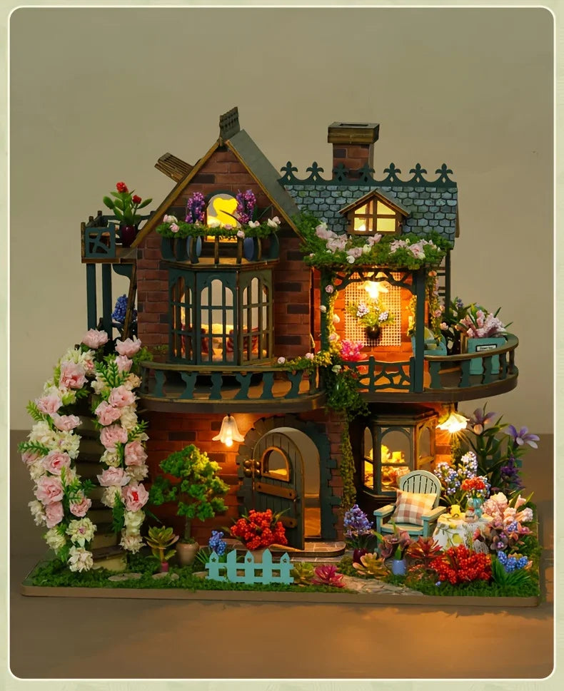 Forest Hut Handmade Wooden Dollhouse Toy Model Kit - Multi-Level Tiny House with Slanted Roof, Floral Balcony & Cozy Interior, Charming Miniature Home Decor for Christmas/Birthday Gifts (No Glue/Battery Included) - Safe & Dur House Of Avana [[SKU:HOA-XMS-037]]