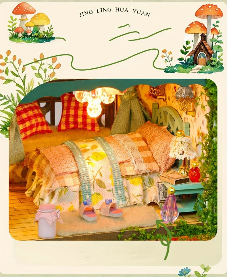 Forest Hut Handmade Wooden Dollhouse Toy Model Kit - Multi-Level Tiny House with Slanted Roof, Floral Balcony & Cozy Interior, Charming Miniature Home Decor for Christmas/Birthday Gifts (No Glue/Battery Included) - Safe & Dur House Of Avana [[SKU:HOA-XMS-037]]