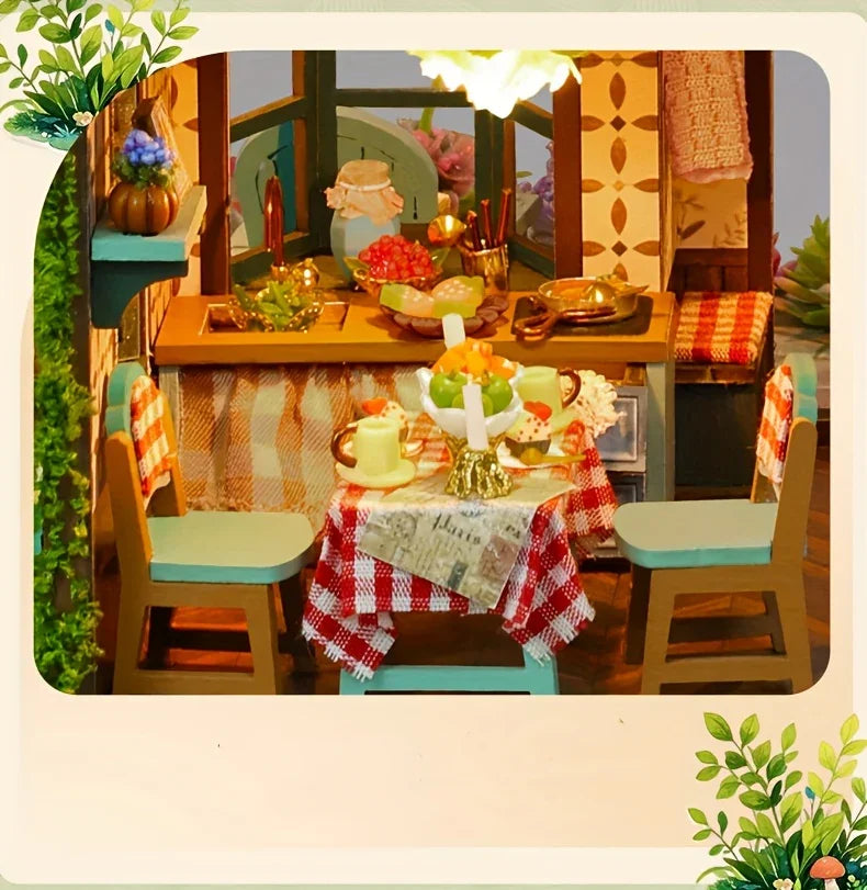Forest Hut Handmade Wooden Dollhouse Toy Model Kit - Multi-Level Tiny House with Slanted Roof, Floral Balcony & Cozy Interior, Charming Miniature Home Decor for Christmas/Birthday Gifts (No Glue/Battery Included) - Safe & Dur House Of Avana [[SKU:HOA-XMS-037]]