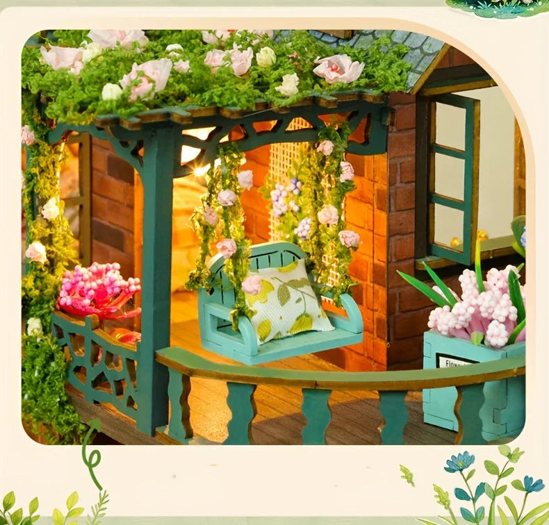 Forest Hut Handmade Wooden Dollhouse Toy Model Kit - Multi-Level Tiny House with Slanted Roof, Floral Balcony & Cozy Interior, Charming Miniature Home Decor for Christmas/Birthday Gifts (No Glue/Battery Included) - Safe & Dur House Of Avana [[SKU:HOA-XMS-037]]