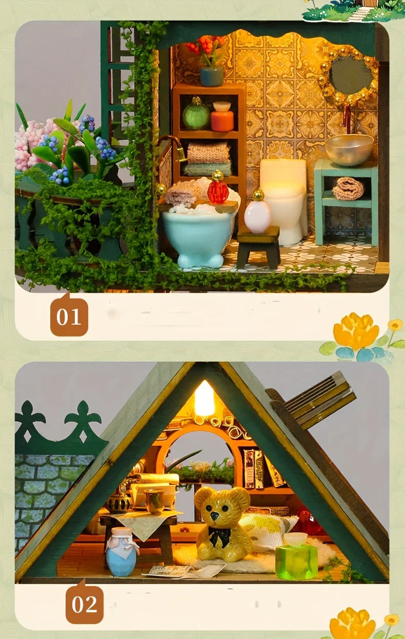 Forest Hut Handmade Wooden Dollhouse Toy Model Kit - Multi-Level Tiny House with Slanted Roof, Floral Balcony & Cozy Interior, Charming Miniature Home Decor for Christmas/Birthday Gifts (No Glue/Battery Included) - Safe & Dur House Of Avana [[SKU:HOA-XMS-037]]