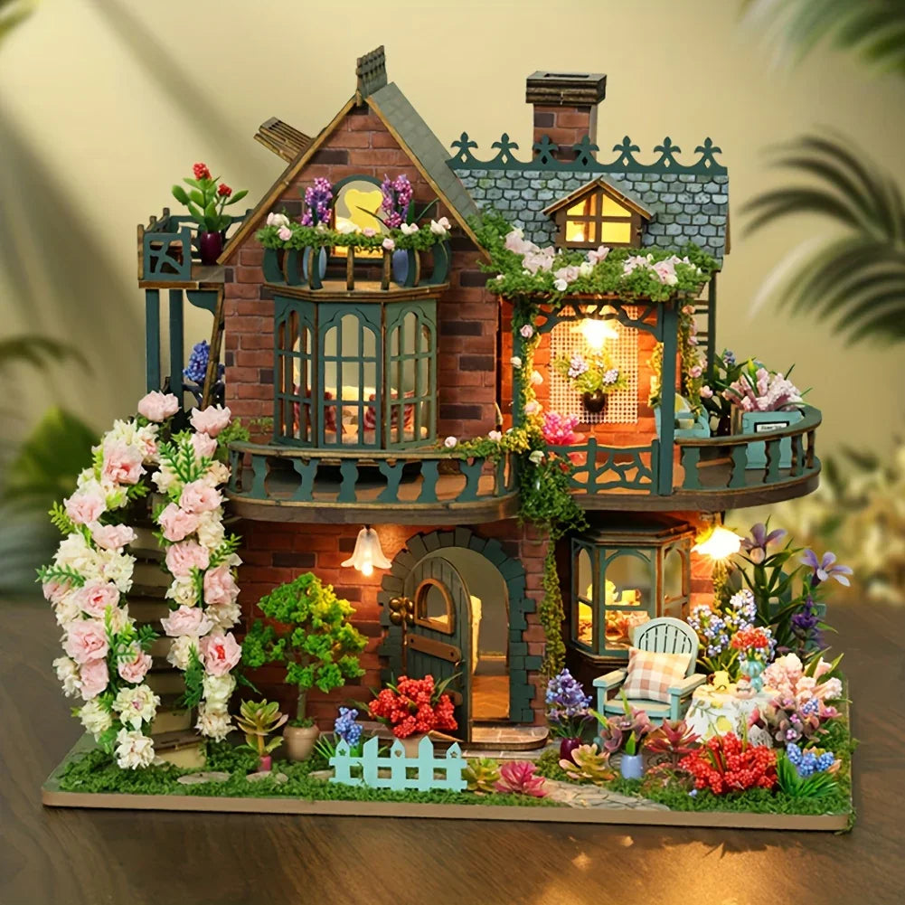 Forest Hut Handmade Wooden Dollhouse Toy Model Kit - Multi-Level Tiny House with Slanted Roof, Floral Balcony & Cozy Interior, Charming Miniature Home Decor for Christmas/Birthday Gifts (No Glue/Battery Included) - Safe & Dur House Of Avana [[SKU:HOA-XMS-037]]