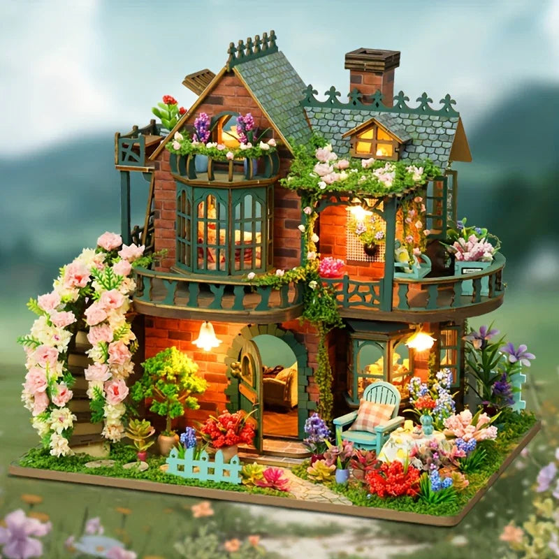Forest Hut Handmade Wooden Dollhouse Toy Model Kit - Multi-Level Tiny House with Slanted Roof, Floral Balcony & Cozy Interior, Charming Miniature Home Decor for Christmas/Birthday Gifts (No Glue/Battery Included) - Safe & Dur House Of Avana [[SKU:HOA-XMS-037]]