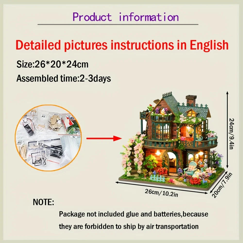 Forest Hut Handmade Wooden Dollhouse Toy Model Kit - Multi-Level Tiny House with Slanted Roof, Floral Balcony & Cozy Interior, Charming Miniature Home Decor for Christmas/Birthday Gifts (No Glue/Battery Included) - Safe & Dur House Of Avana [[SKU:HOA-XMS-037]]