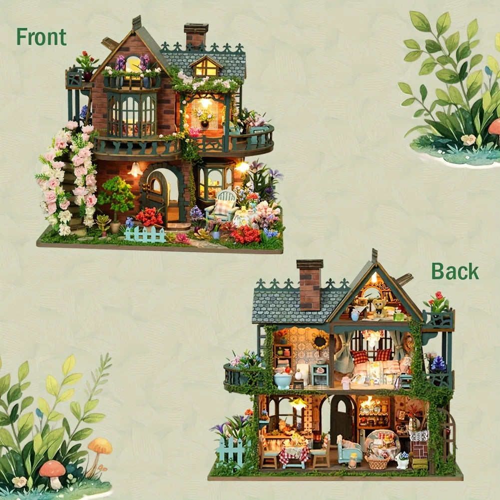 Forest Hut Handmade Wooden Dollhouse Toy Model Kit - Multi-Level Tiny House with Slanted Roof, Floral Balcony & Cozy Interior, Charming Miniature Home Decor for Christmas/Birthday Gifts (No Glue/Battery Included) - Safe & Dur House Of Avana [[SKU:HOA-XMS-037]]
