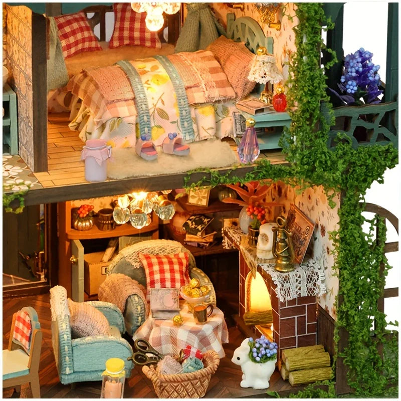 Forest Hut Handmade Wooden Dollhouse Toy Model Kit - Multi-Level Tiny House with Slanted Roof, Floral Balcony & Cozy Interior, Charming Miniature Home Decor for Christmas/Birthday Gifts (No Glue/Battery Included) - Safe & Dur House Of Avana [[SKU:HOA-XMS-037]]