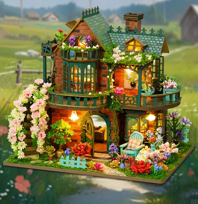 Forest Hut Handmade Wooden Dollhouse Toy Model Kit - Multi-Level Tiny House with Slanted Roof, Floral Balcony & Cozy Interior, Charming Miniature Home Decor for Christmas/Birthday Gifts (No Glue/Battery Included) - Safe & Dur House Of Avana [[SKU:HOA-XMS-037]]