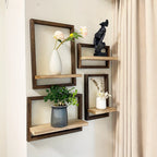 Wooden floating shelves in brown, modern wall decor with display boxes, no electricity - House of Avana