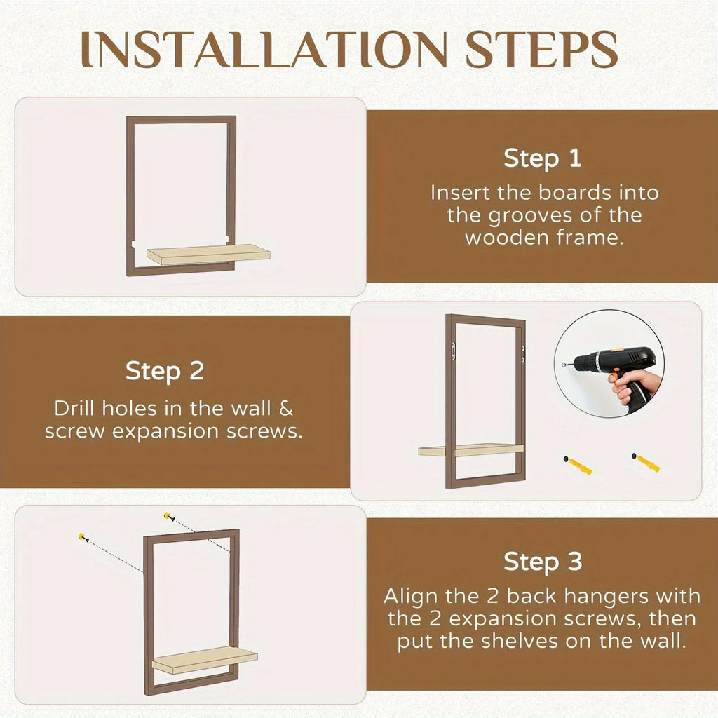 Wooden floating shelves in brown, modern wall decor with display boxes, no electricity - House of Avana