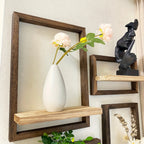 Wooden floating shelves in brown, modern wall decor with display boxes, no electricity - House of Avana