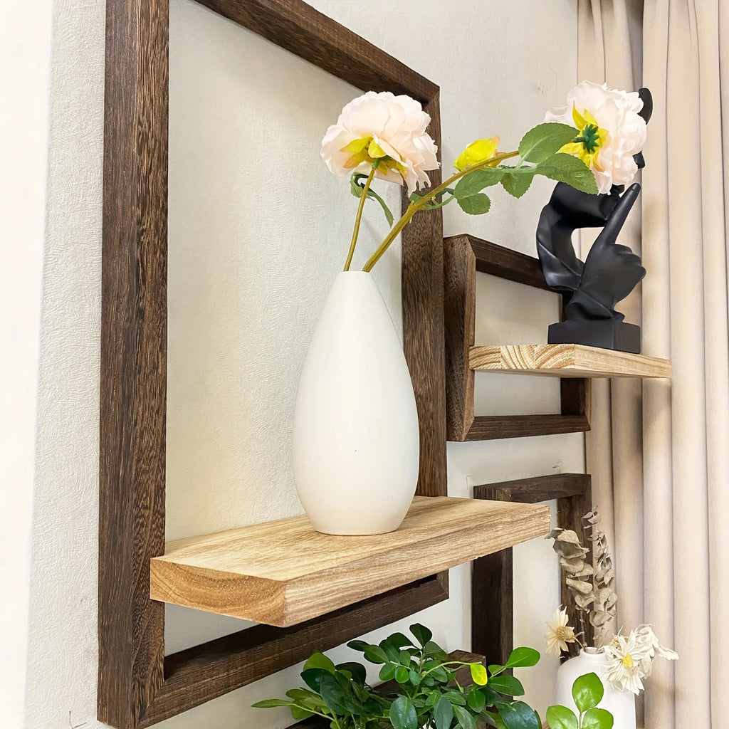 Wooden floating shelves in brown, modern wall decor with display boxes, no electricity - House of Avana