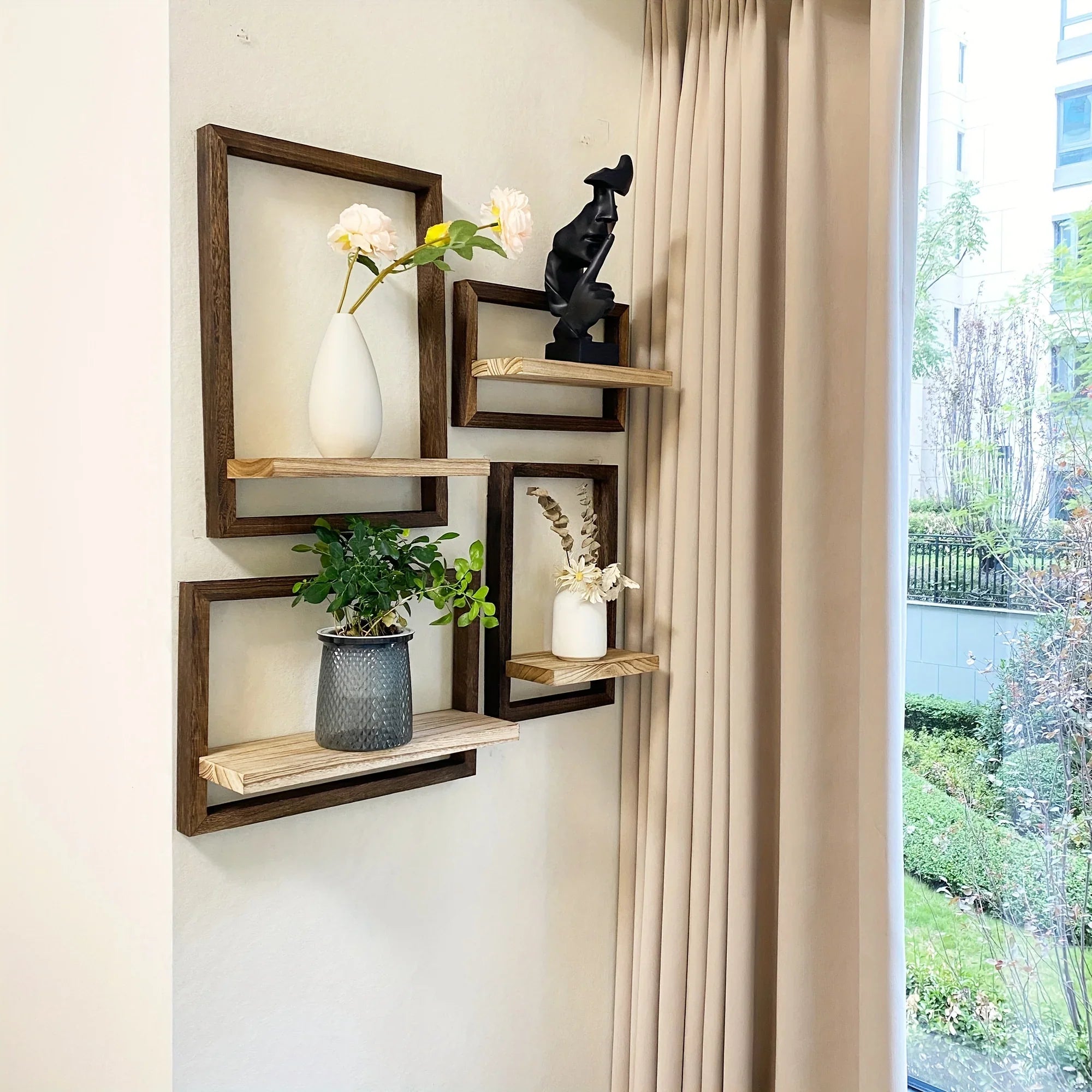 Wooden floating shelves in brown, modern wall decor with display boxes, no electricity - House of Avana