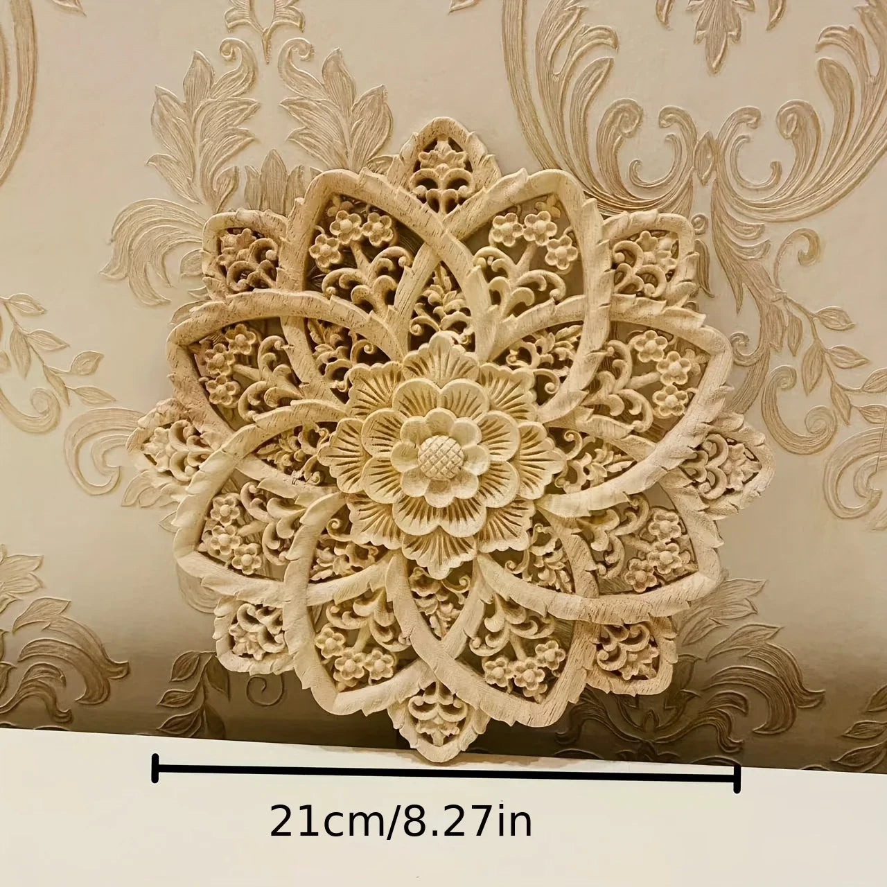 Yellow wooden flower carving on disc, intricate design, natural wood - House of Avana