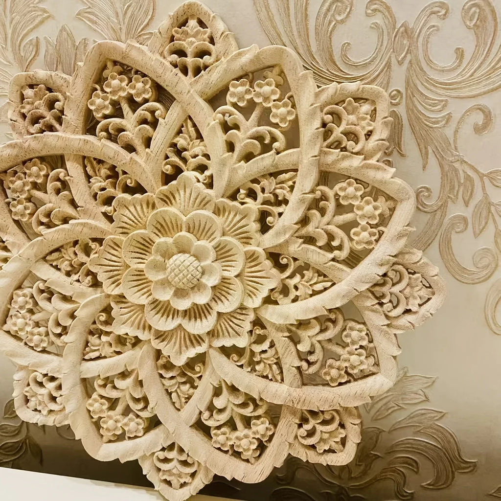 Yellow wooden flower carving on disc, intricate design, natural wood - House of Avana