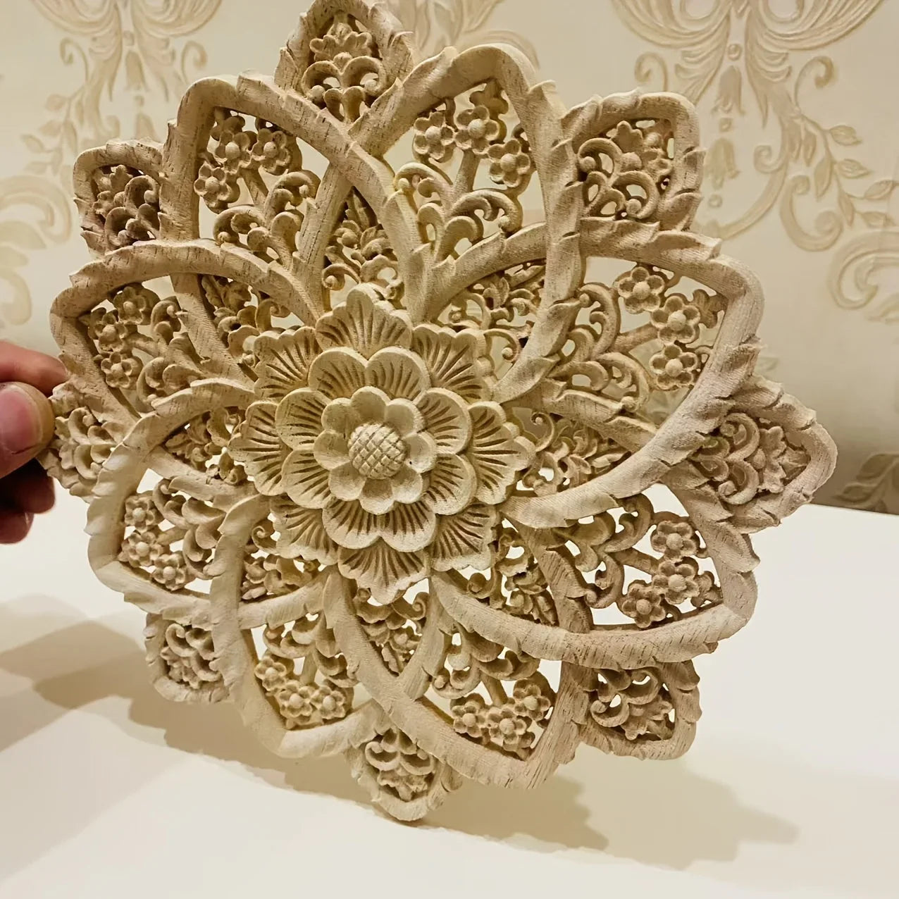 Yellow wooden flower carving on disc, intricate design, natural wood - House of Avana