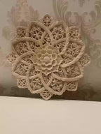 Yellow wooden flower carving on disc, intricate design, natural wood - House of Avana