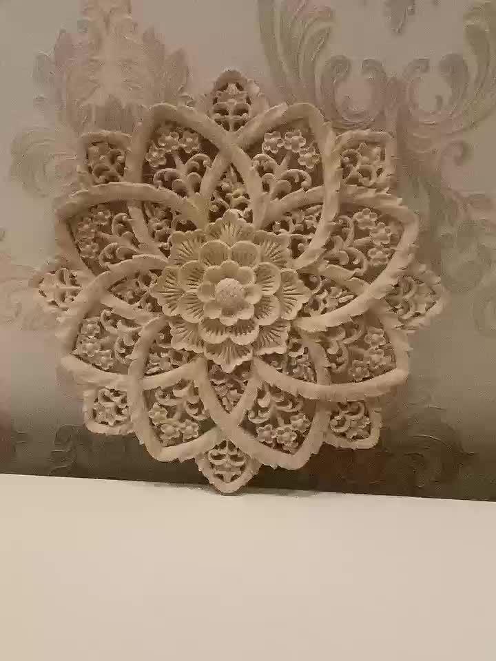 Yellow wooden flower carving on disc, intricate design, natural wood - House of Avana