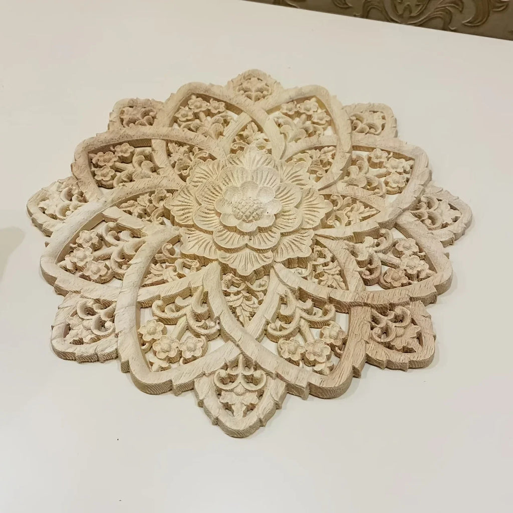Yellow wooden flower carving on disc, intricate design, natural wood - House of Avana