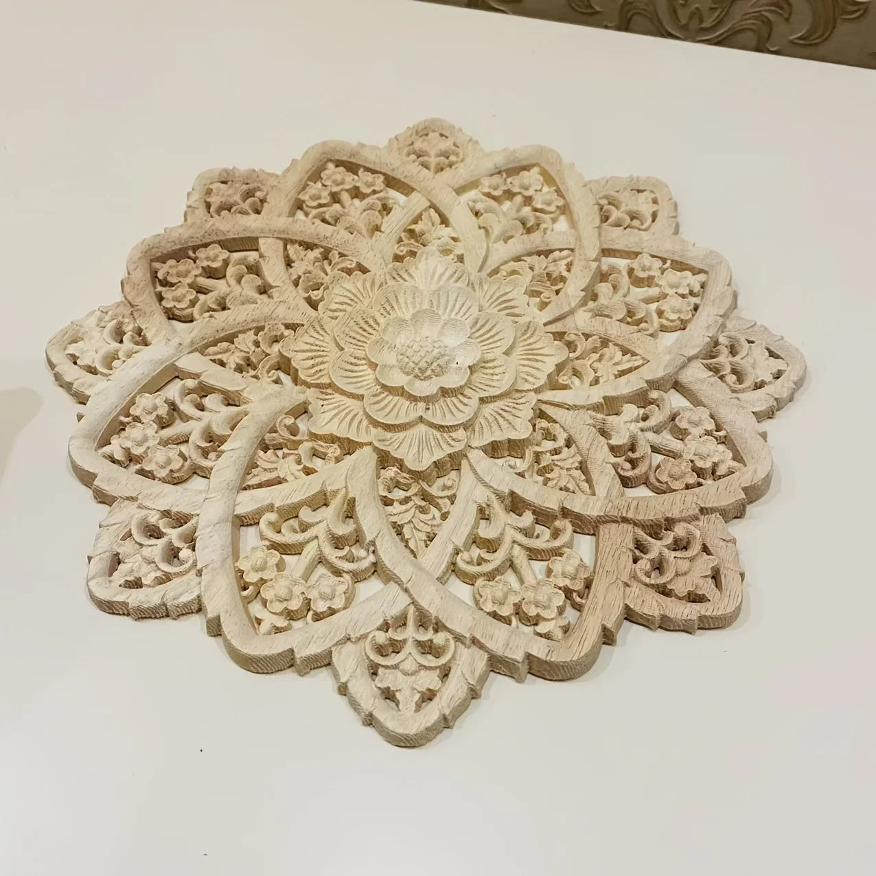 Yellow wooden flower carving on disc, intricate design, natural wood - House of Avana