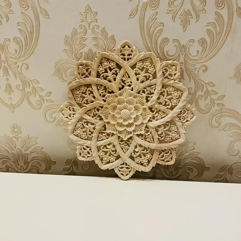 Yellow wooden flower carving on disc, intricate design, natural wood - House of Avana