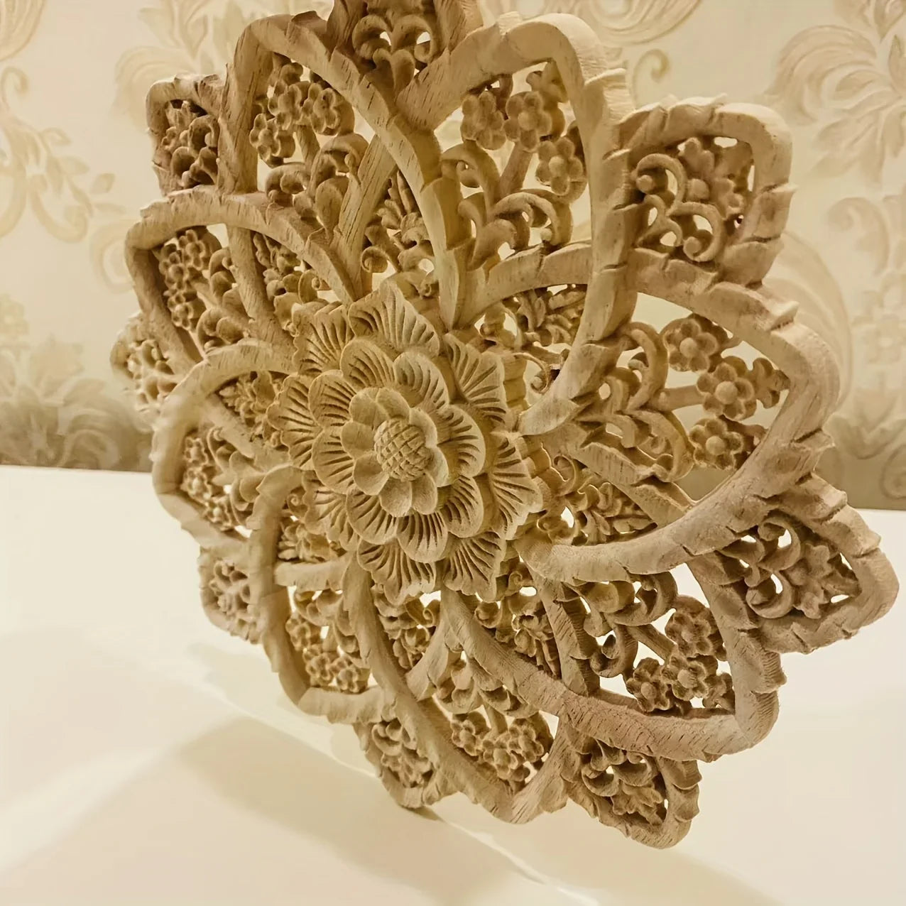 Yellow wooden flower carving on disc, intricate design, natural wood - House of Avana