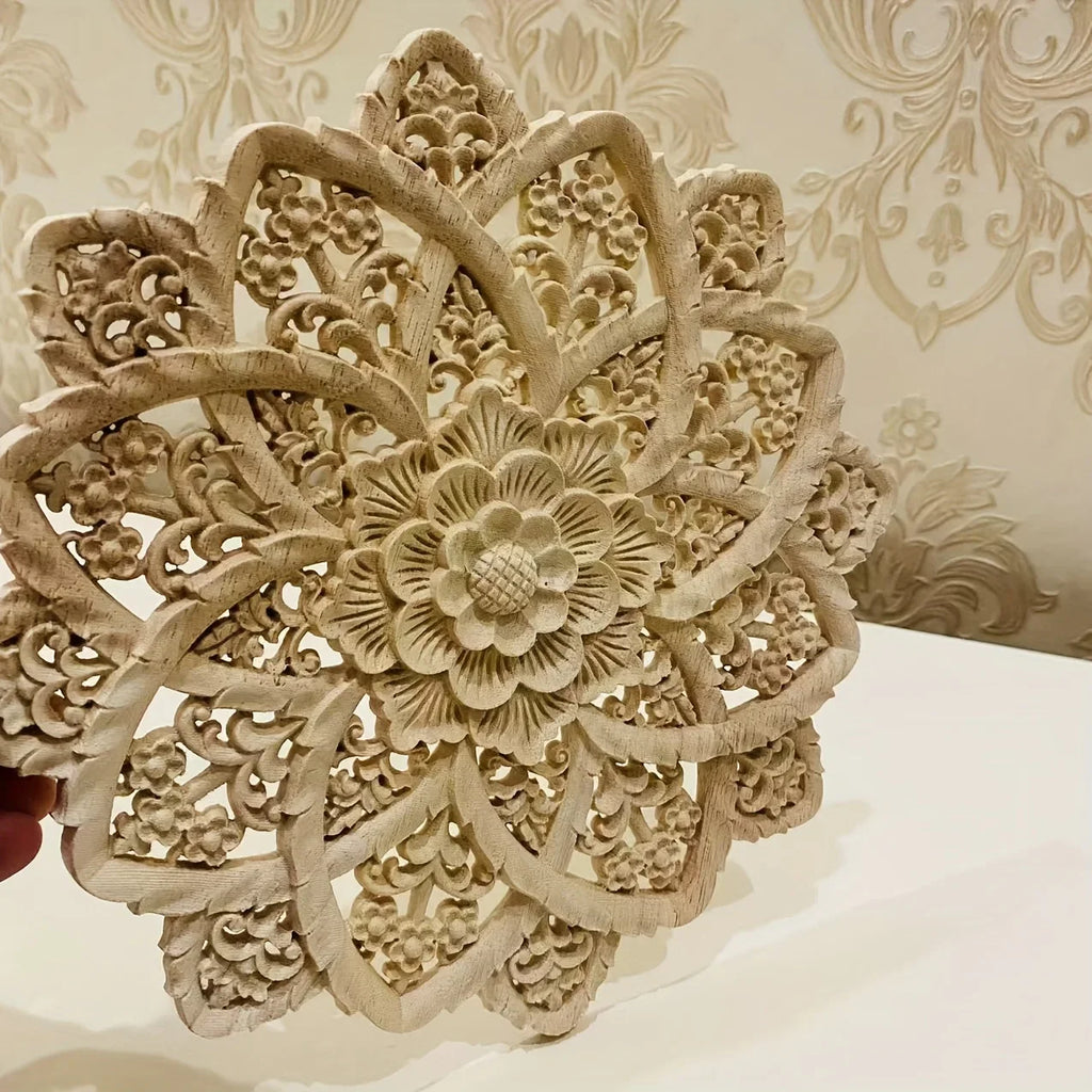 Yellow wooden flower carving on disc, intricate design, natural wood - House of Avana