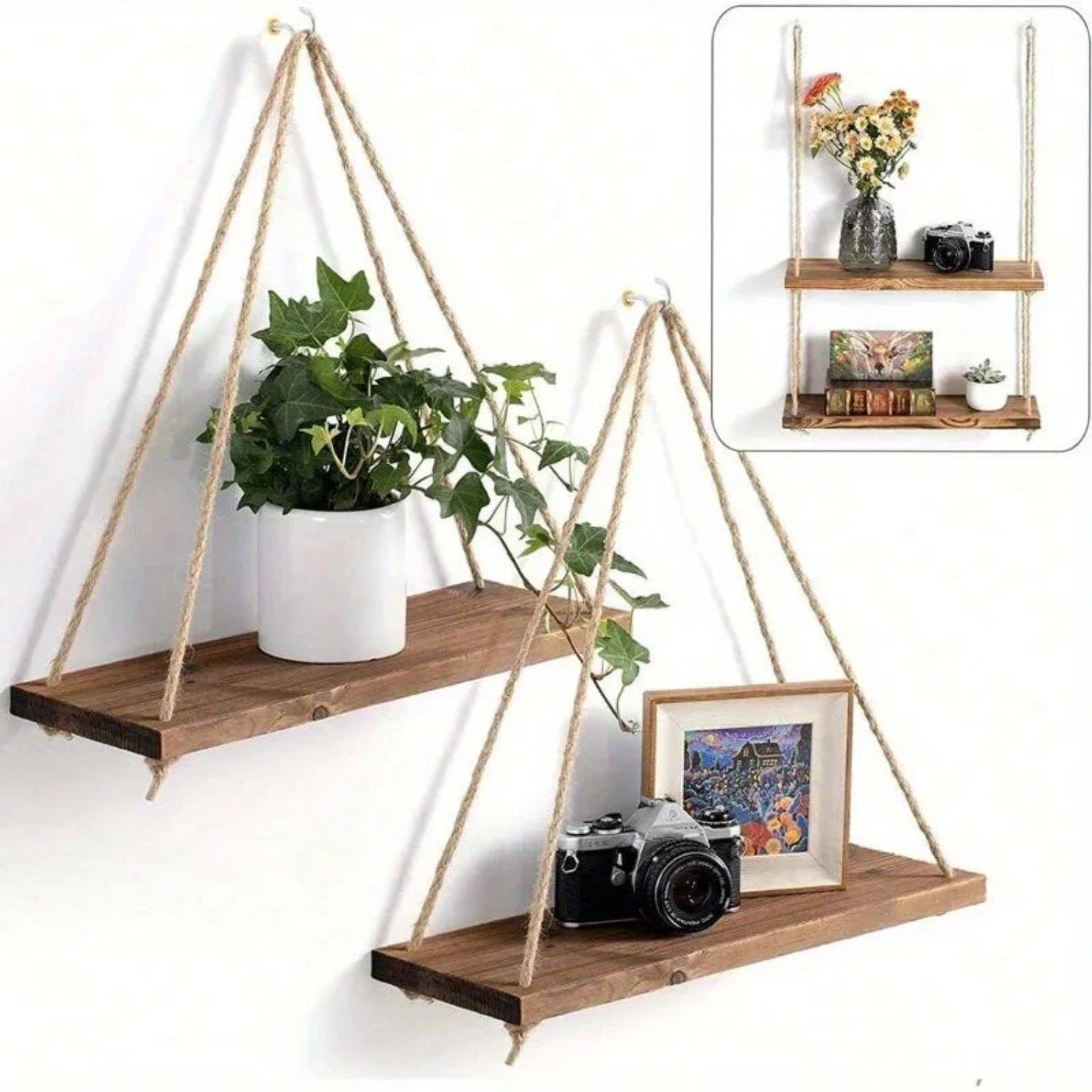 Wooden hanging shelf with natural hemp rope, wall mounted swing design - House of Avana