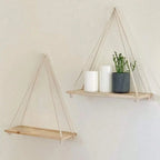 Wooden hanging shelf with natural hemp rope, wall mounted swing design - House of Avana