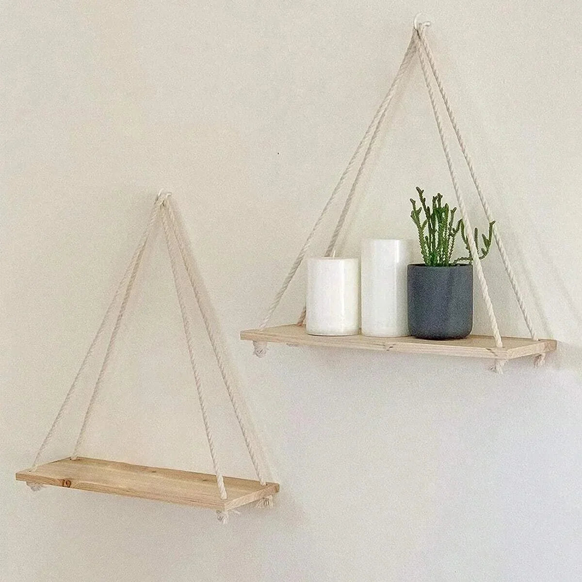 Wooden hanging shelf with natural hemp rope, wall mounted swing design - House of Avana