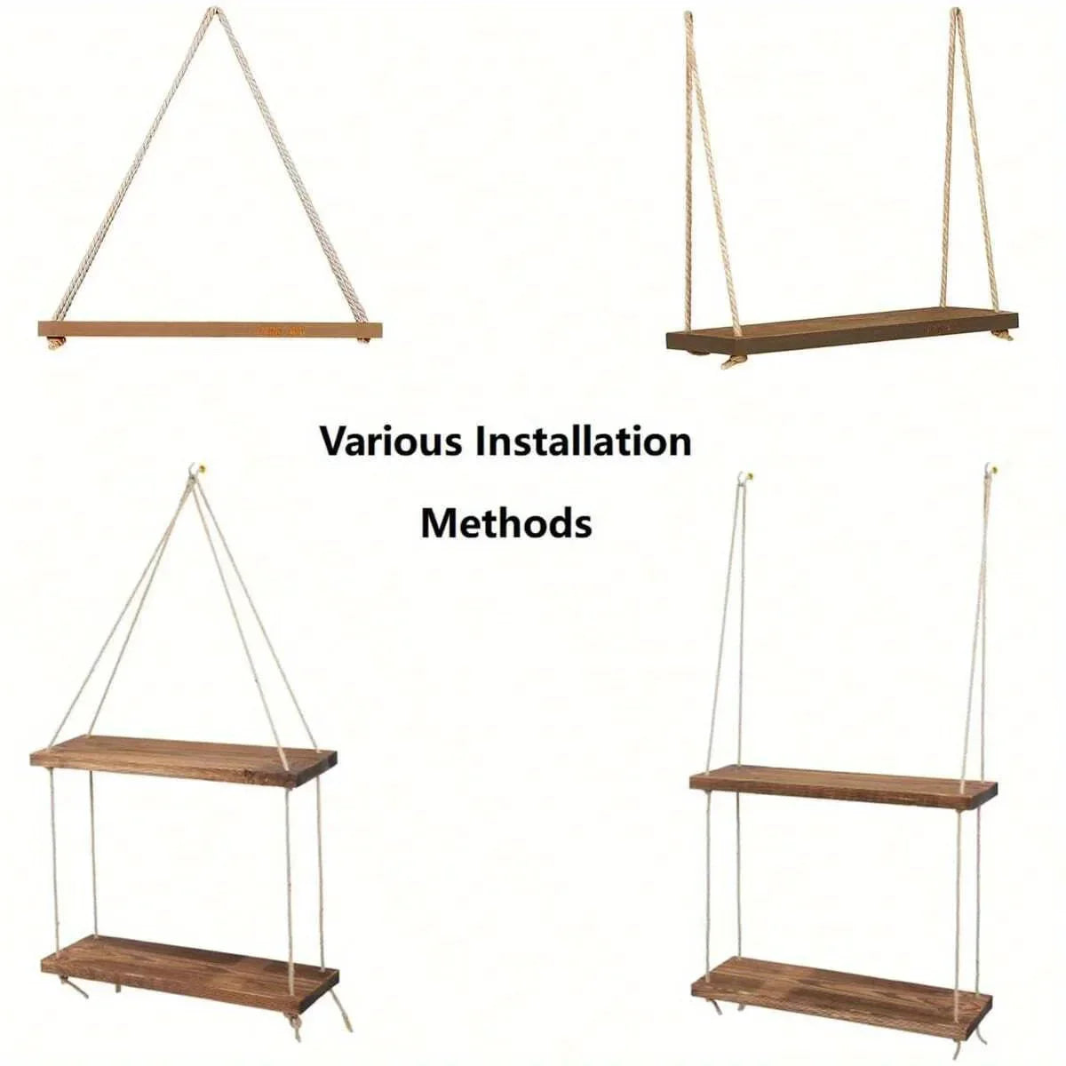 Wooden hanging shelf with natural hemp rope, wall mounted swing design - House of Avana